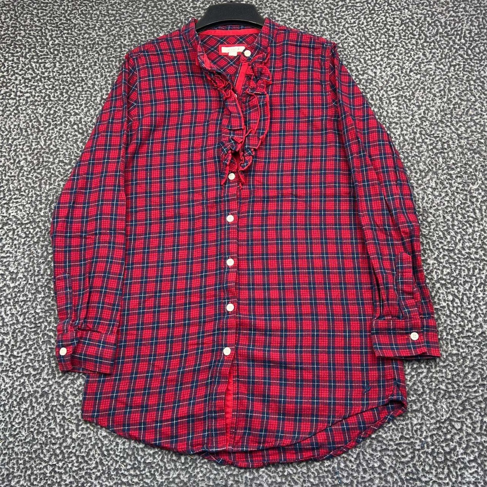 Aerie Button Up Shirt Women Medium Red Blue Plaid Ruffle Front Long Sleeve M